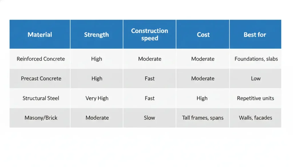 building materials comparison chart strength construction speed cost reinforced concrete precast steel masonry