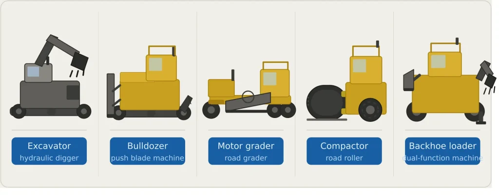 earthmoving equipment names including excavator, bulldozer, motor grader, compactor, and backhoe loader illustration