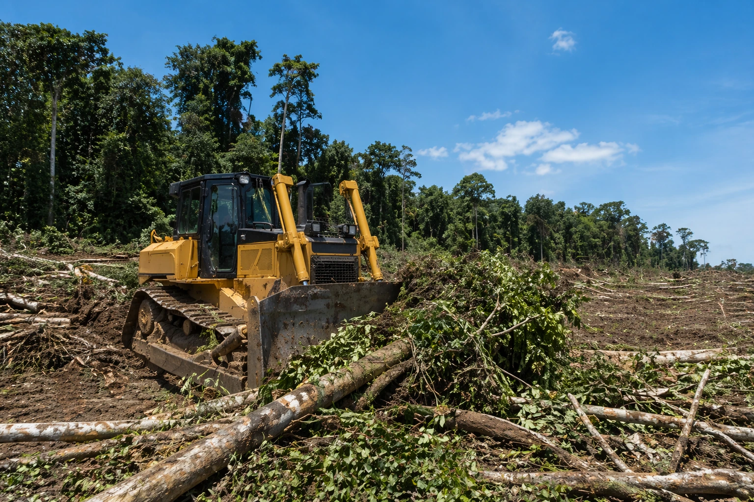 Land clearing bulldozer pushing trees and debris on site with forest background under blue sky