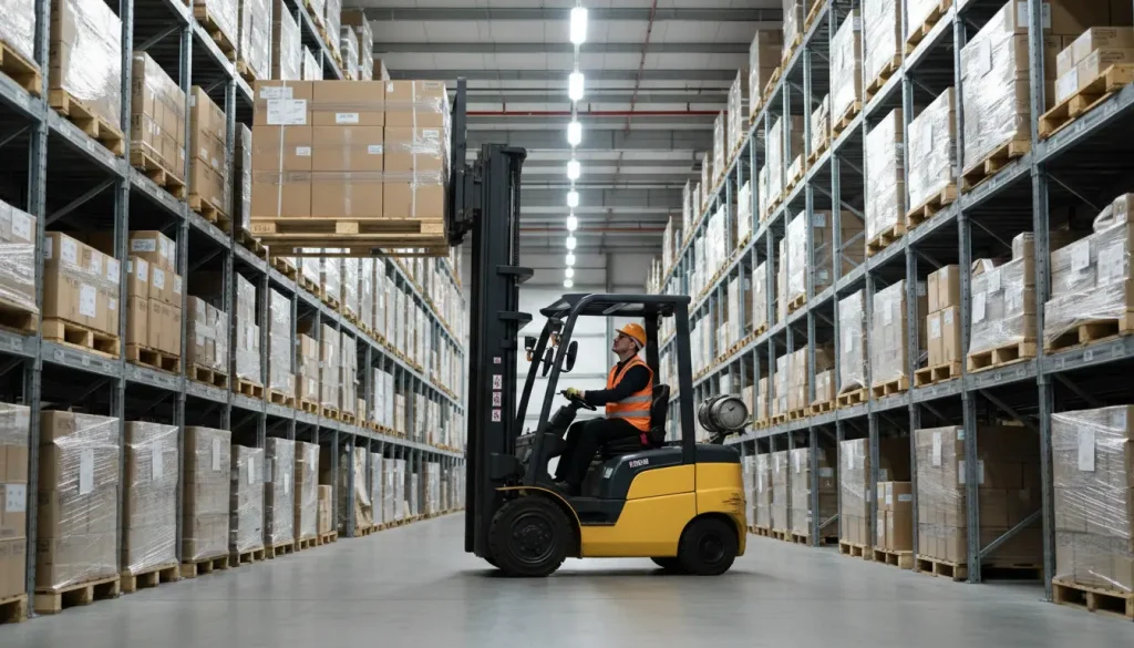 Forklift lifting pallets in warehouse aisle demonstrating heavy-duty material handling and high load capacity equipment.
