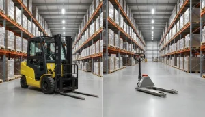 Forklift vs pallet jack comparison in warehouse showing material handling equipment for lifting and moving pallets.