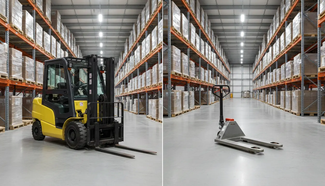 Forklift vs pallet jack comparison in warehouse showing material handling equipment for lifting and moving pallets.