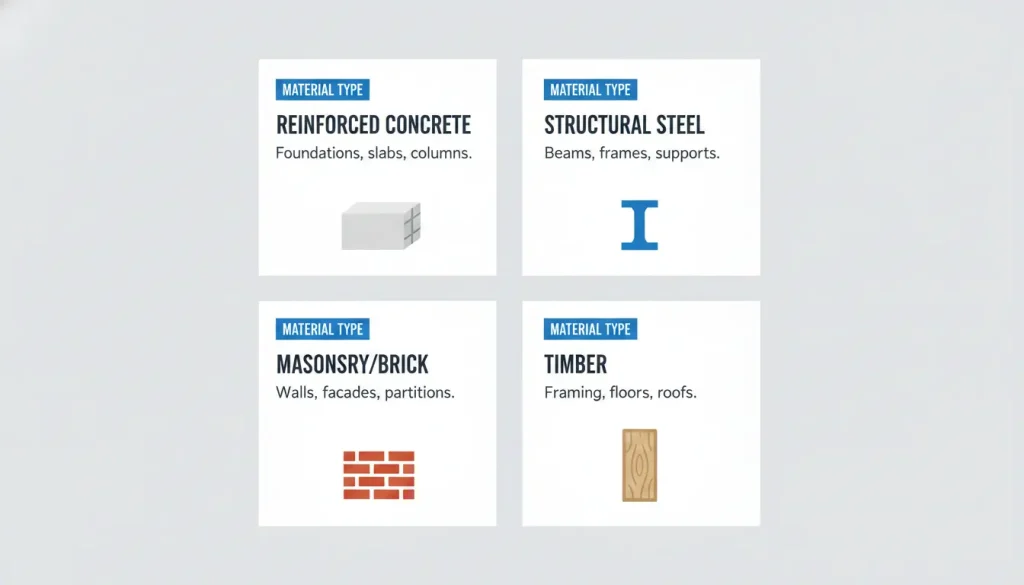 main types of building materials reinforced concrete structural steel masonry brick and timber overview