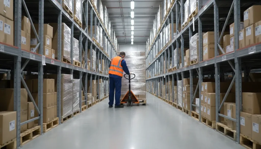 Worker using pallet jack in warehouse for short-distance pallet transport in narrow aisles and light material handling.