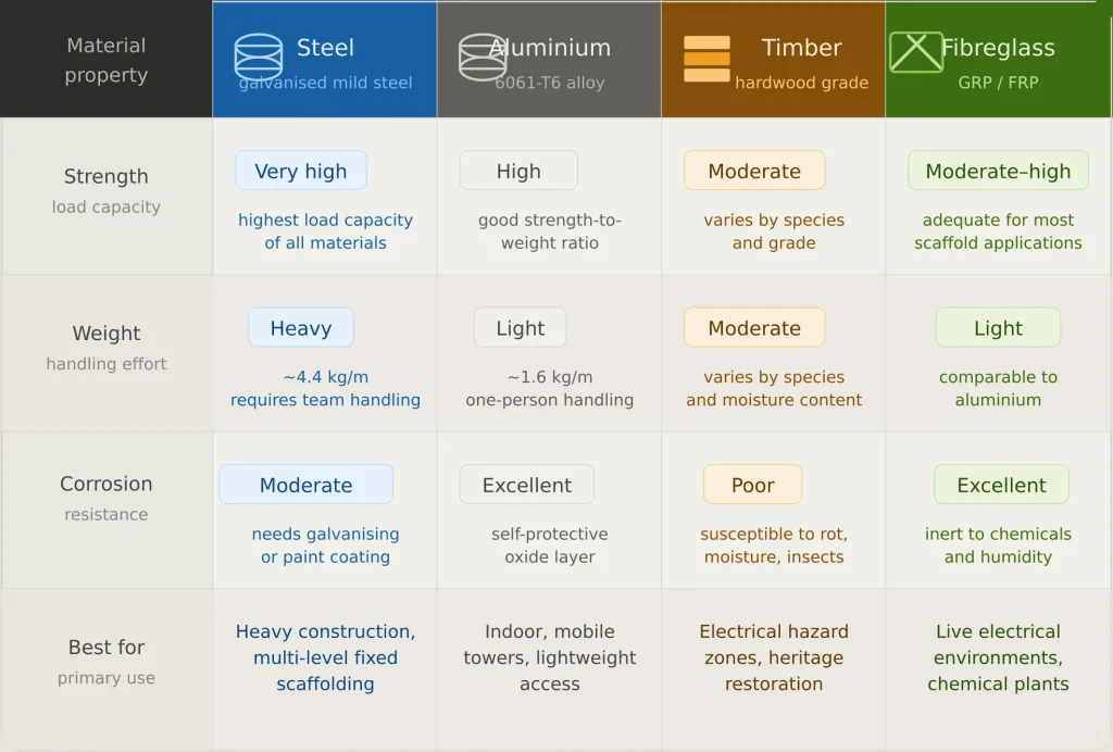 omparison of four scaffolding materials — steel, aluminium, timber, and fibreglass — across strength, weight, corrosion resistance, and best use