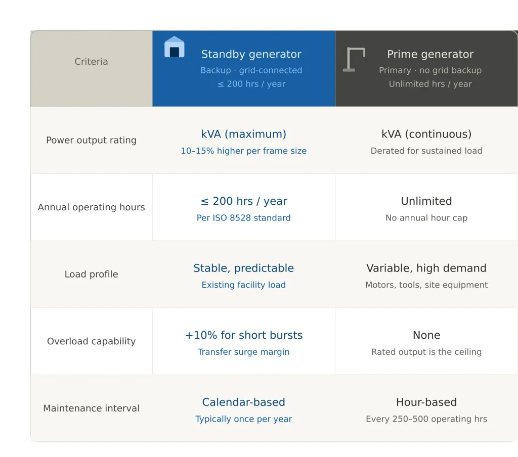 Standby vs prime generator technical comparison table showing power rating, runtime hours, load profile, and maintenance