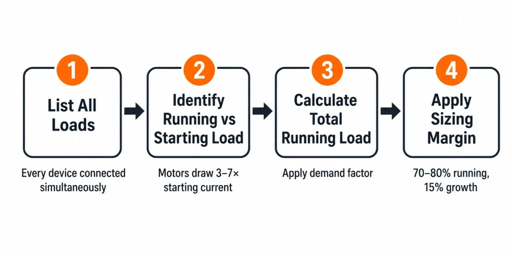 Four-step generator sizing process diagram with load calculation, starting current, and sizing margin workflow.