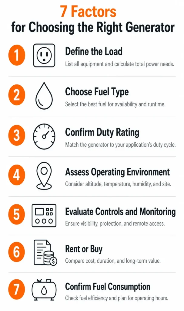 Generator fuel type comparison infographic for diesel petrol LPG and inverter units