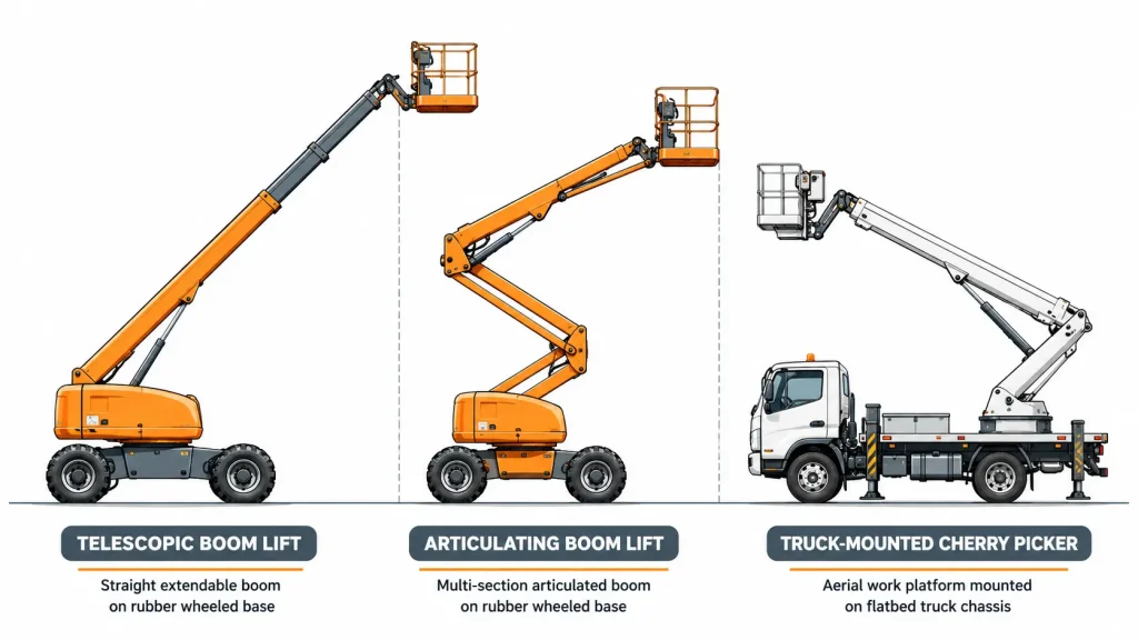 Telescopic boom lift, articulating boom lift and truck-mounted cherry picker comparison