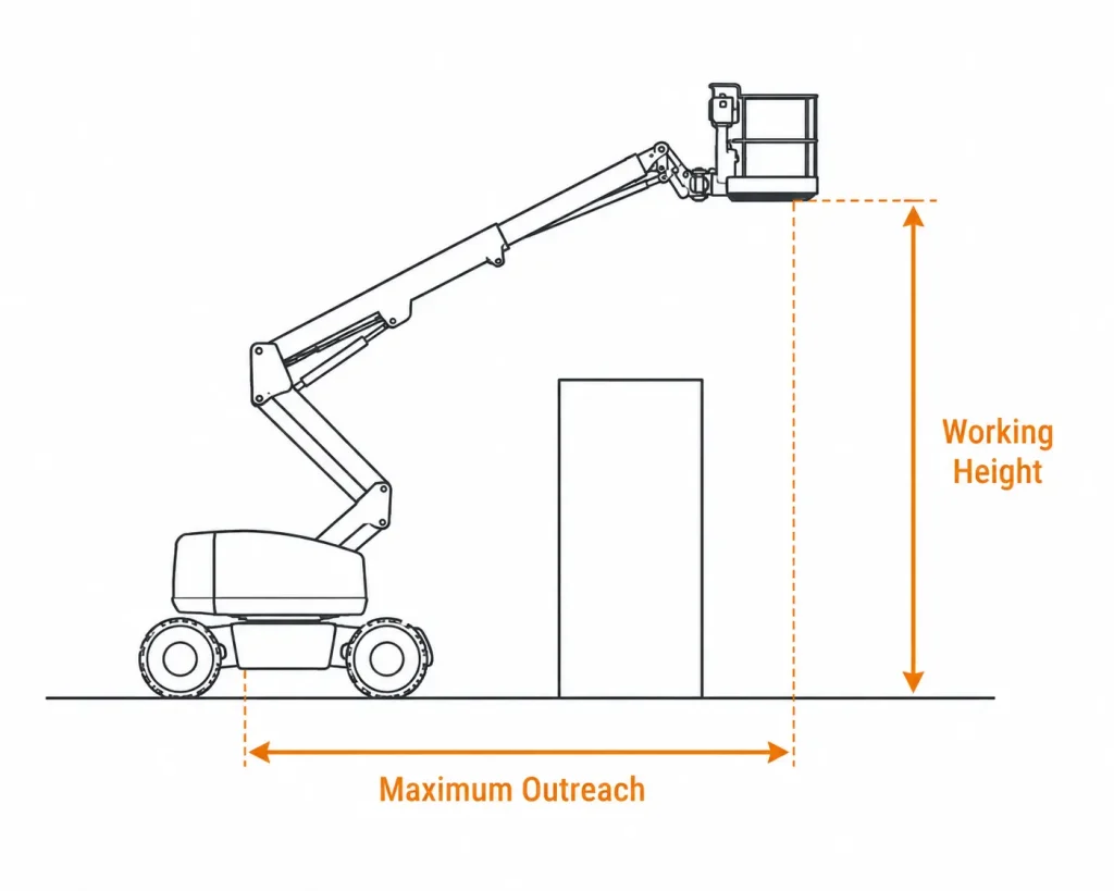 Boom lift working height and maximum outreach technical diagram with obstacle clearance