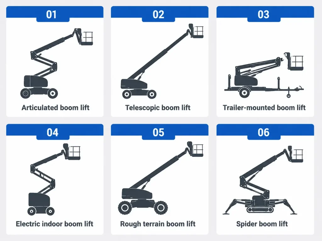 Boom lift types infographic showing articulated, telescopic, spider and rough terrain lifts