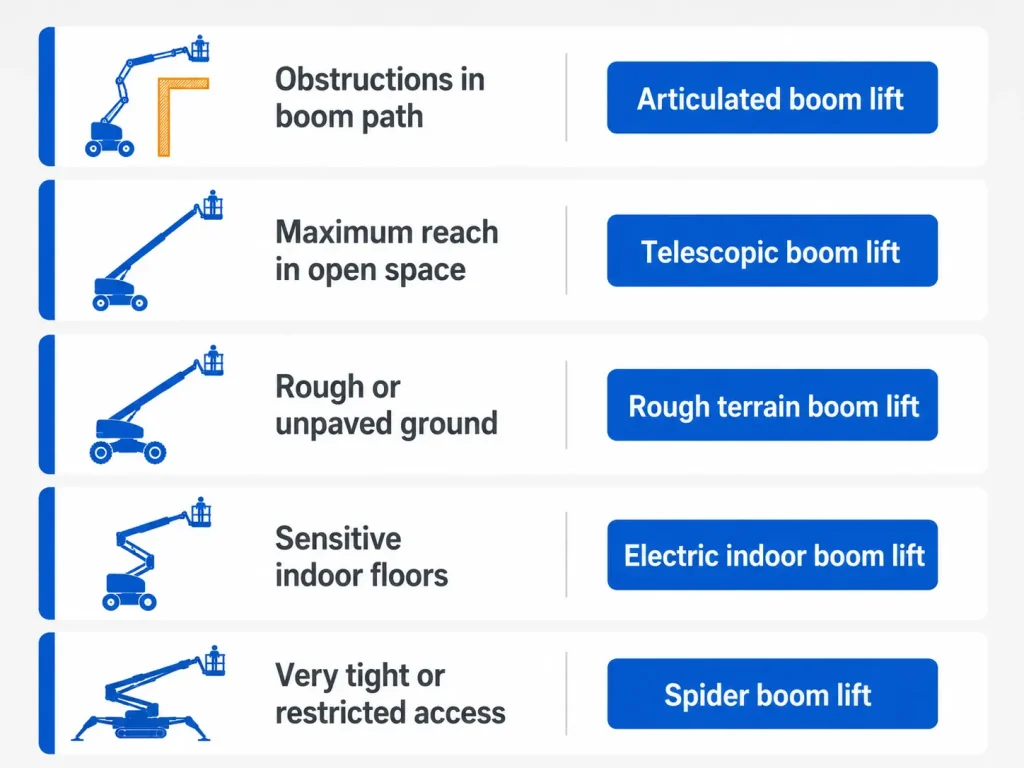Boom lift selection guide for articulated, telescopic, spider and indoor boom lifts