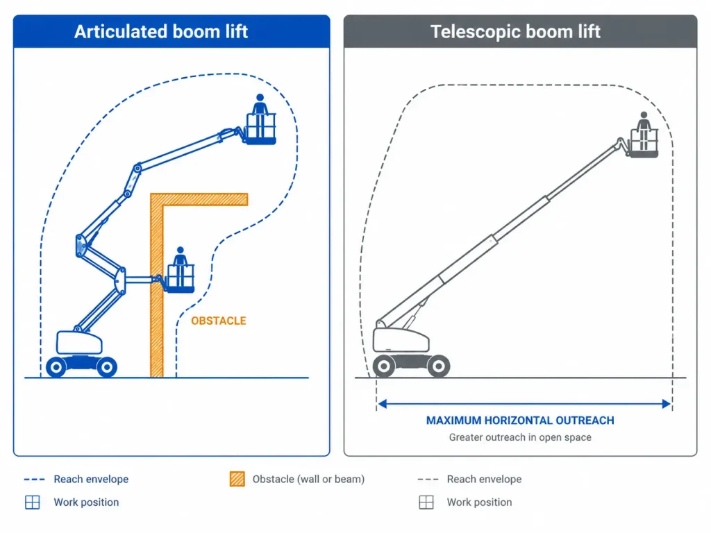 Articulated vs telescopic boom lift reach envelope comparison with obstacle navigation