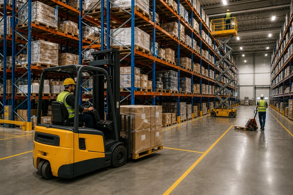 Modern warehouse with electric forklift, pallet racking and scissor lift operating indoors