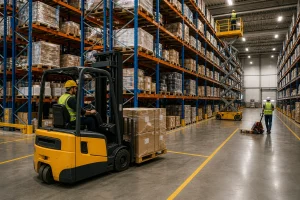 Modern warehouse with electric forklift, pallet racking and scissor lift operating indoors