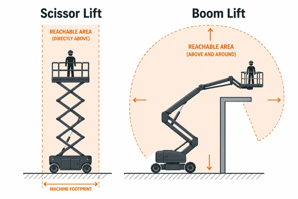 Scissor lift vs boom lift reach comparison diagram with vertical and offset access zones