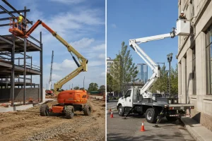 Truck-mounted cherry picker working on street light maintenance in urban city environment