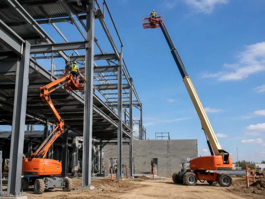 Articulated and telescopic boom lifts operating on active construction site at height
