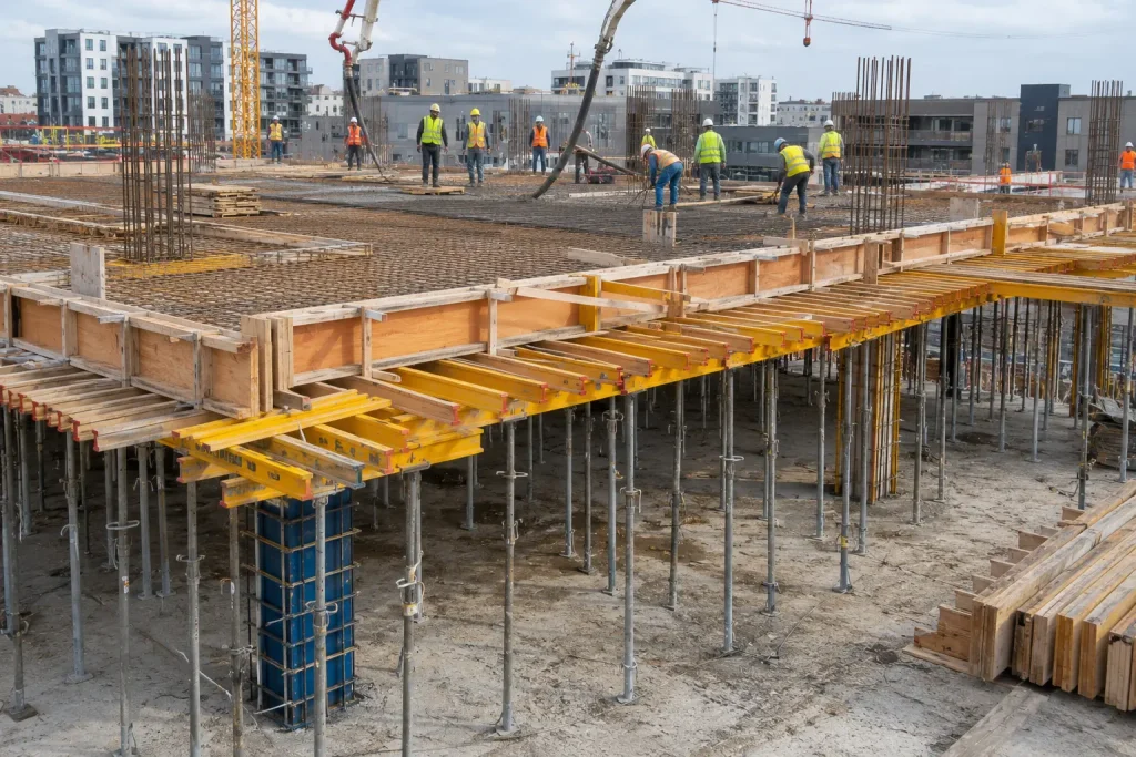 Concrete formwork installation with slab deck, steel props and workers preparing reinforced floor pour