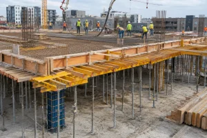 Concrete formwork installation with slab deck, steel props and workers preparing reinforced floor pour