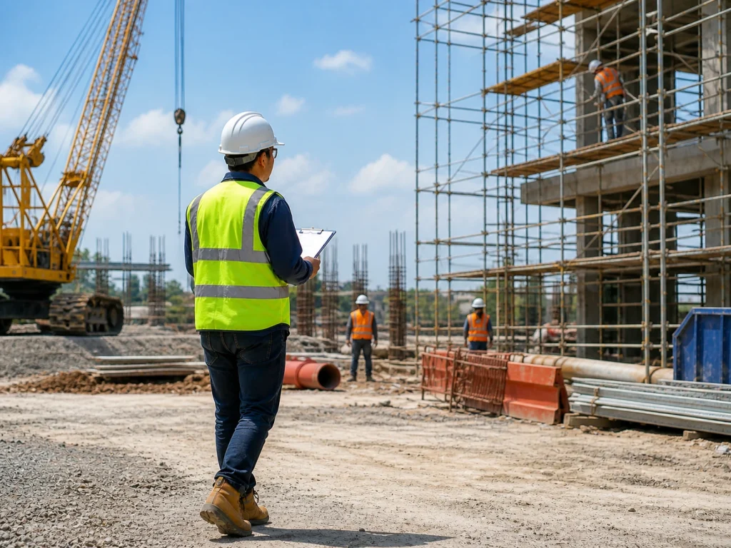 Construction safety officer inspecting site with checklist, PPE, scaffolding and crane in background