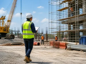 Construction safety officer inspecting site with checklist, PPE, scaffolding and crane in background