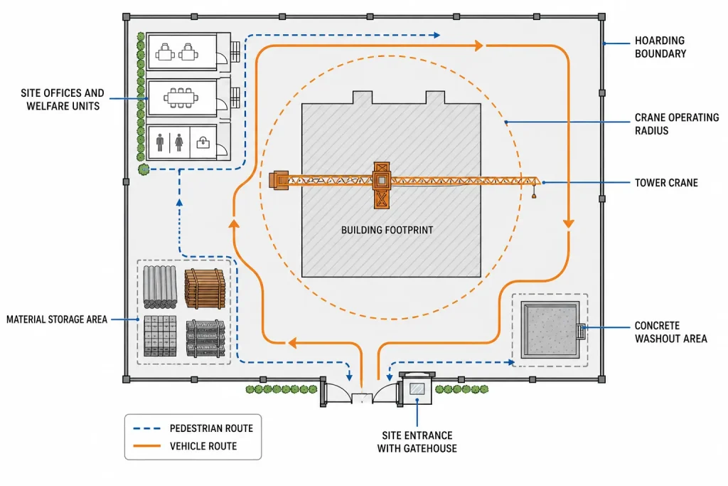 Construction site layout plan showing crane radius, offices, storage, routes and site entrance
