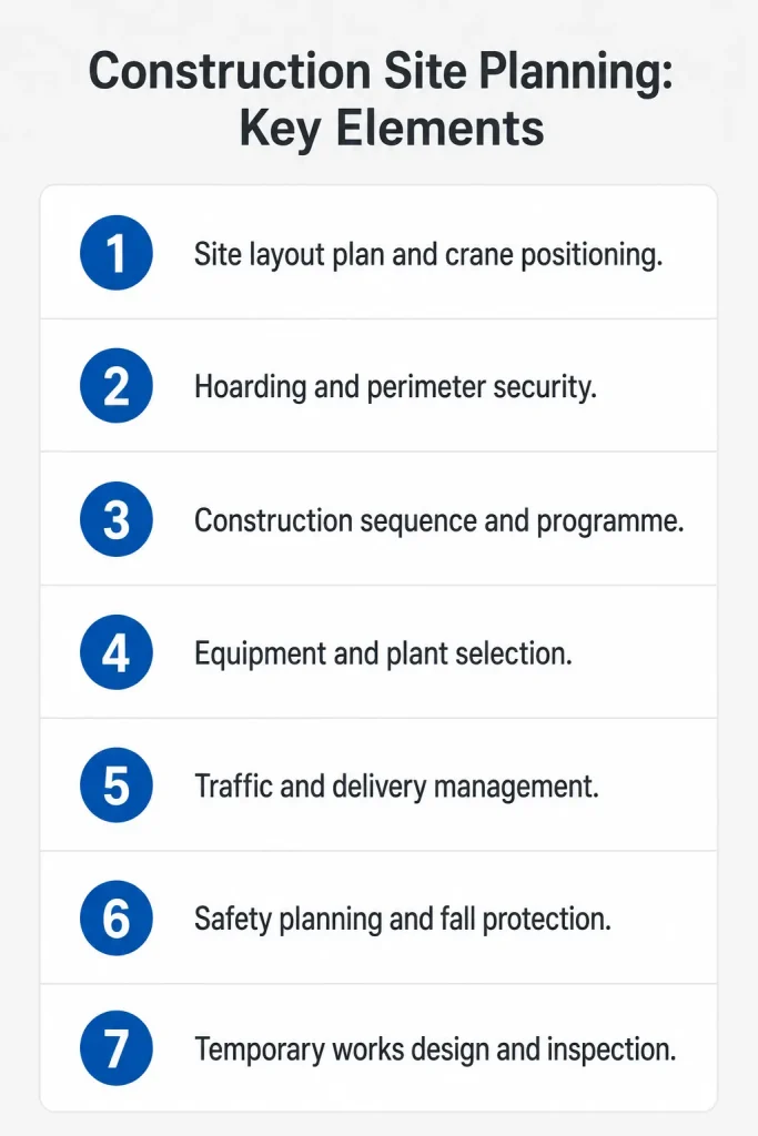 Construction site planning checklist covering crane layout, safety, traffic and temporary works