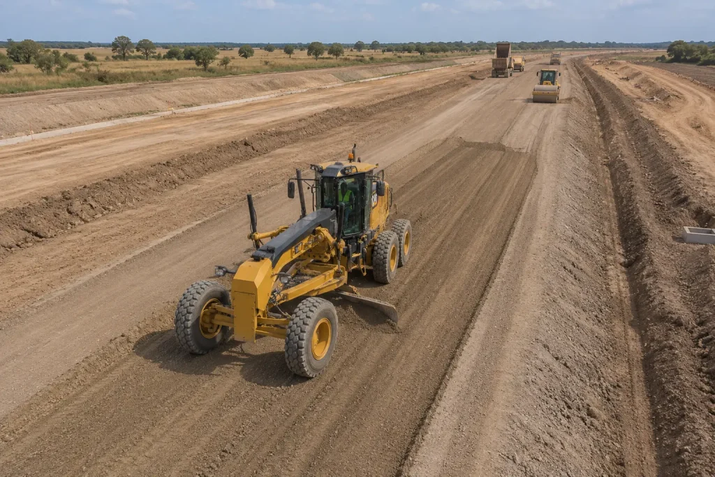 Aerial view of motor grader shaping road subgrade with drains and construction vehicles on road project.