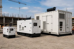 Diesel canopy generators in multiple sizes on outdoor construction equipment yard