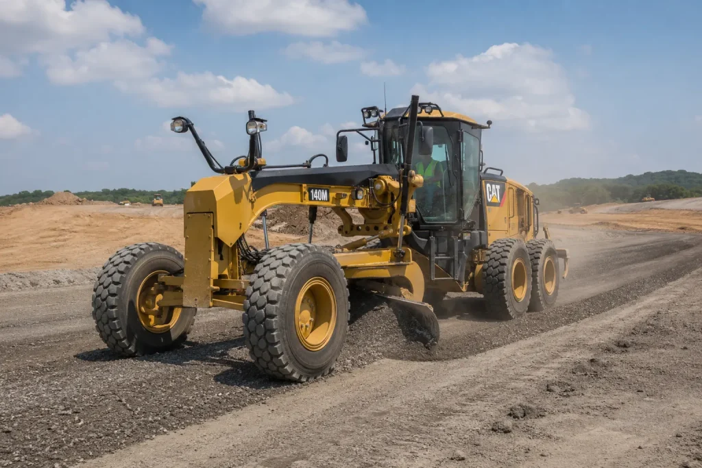 Motor grader grading compacted gravel road formation on large construction site with dust and earthworks background.