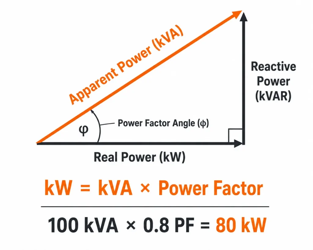 Power triangle diagram showing kW, kVA, kVAR, power factor angle, and generator power calculation example.
