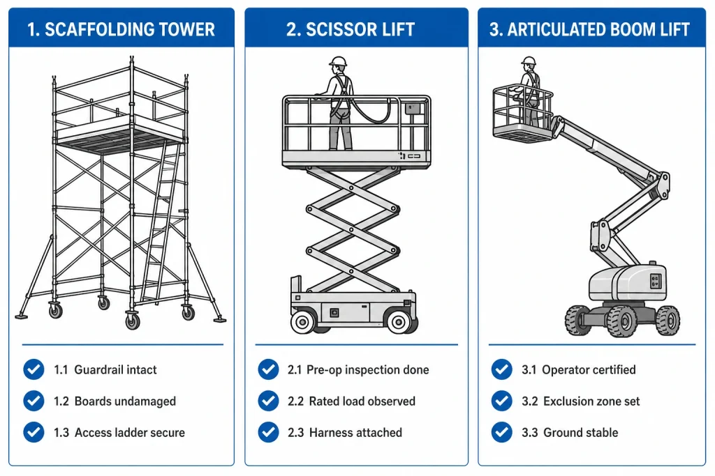 Work at height safety comparison: scaffolding, scissor lift, boom lift inspection checklist guide