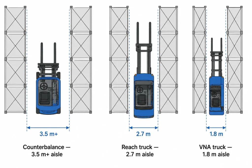 Forklift aisle width comparison for counterbalance, reach truck and VNA warehouse layouts