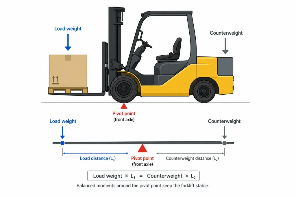 Counterbalance forklift stability diagram showing load weight, pivot point and counterweight