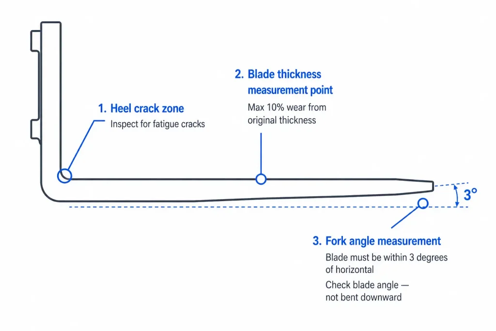 Forklift fork inspection diagram showing heel crack zone, blade wear and fork angle check