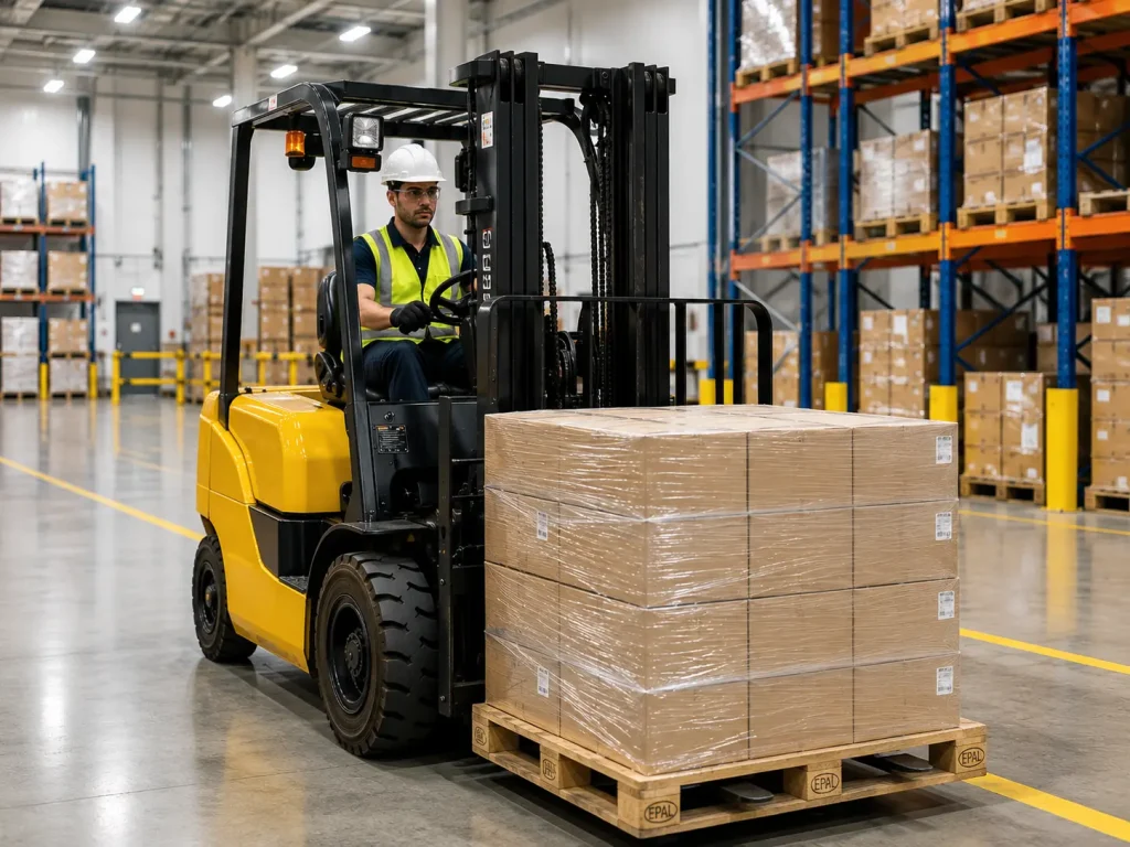Yellow counterbalance forklift carrying pallet load inside modern warehouse facility