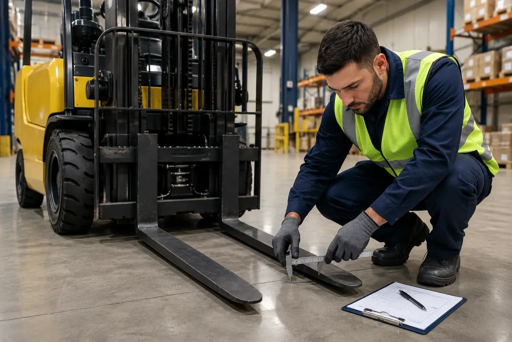 Forklift pre-operation inspection with technician checking fork tines and safety condition
