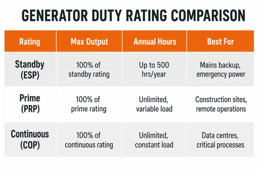 Generator duty rating comparison table for standby prime and continuous power use