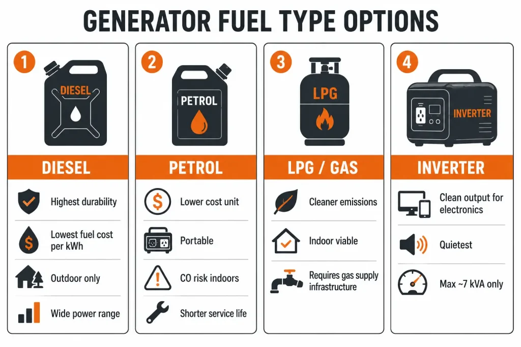 Generator duty rating comparison table for standby prime and continuous power use