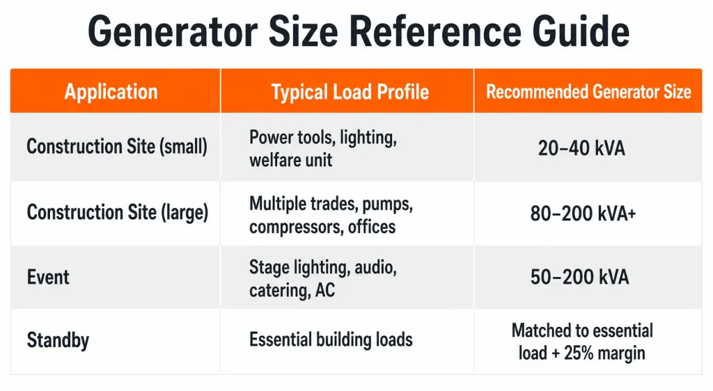 Generator size reference guide table for construction, event, and standby applications with kVA ranges.