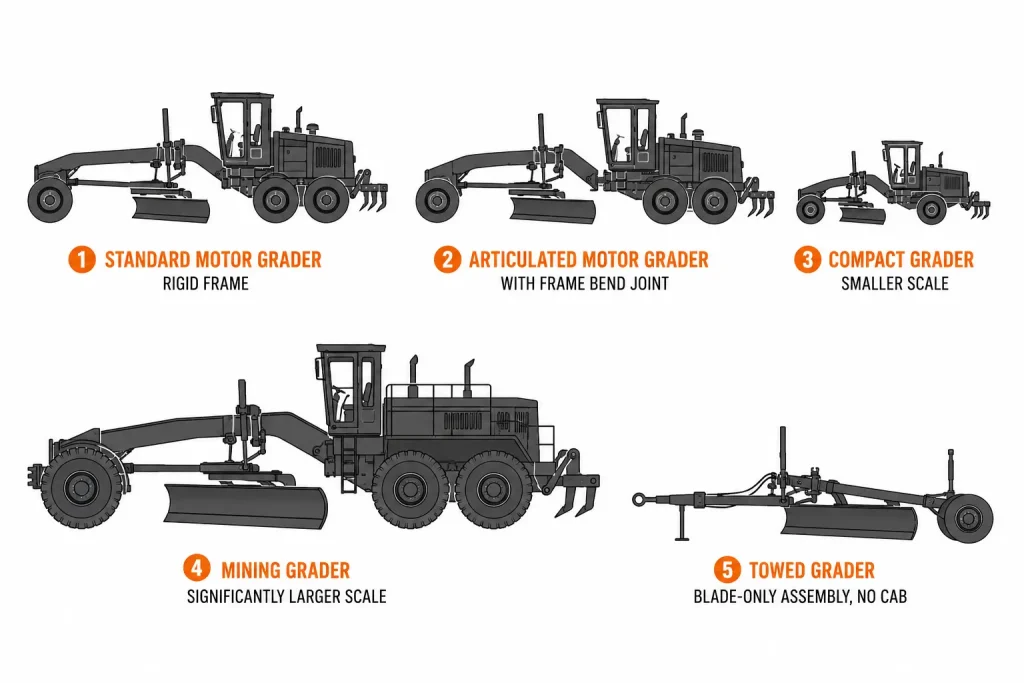 Comparison chart of five grader types including standard, articulated, compact, mining, and towed graders.