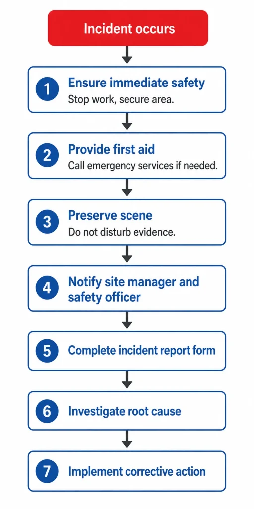 Construction incident response steps: safety, first aid, report, investigation and corrective action flowchart