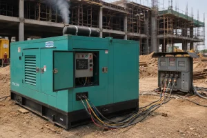 Diesel canopy generator powering an active construction site with control panel, exhaust, and distribution cables visible.