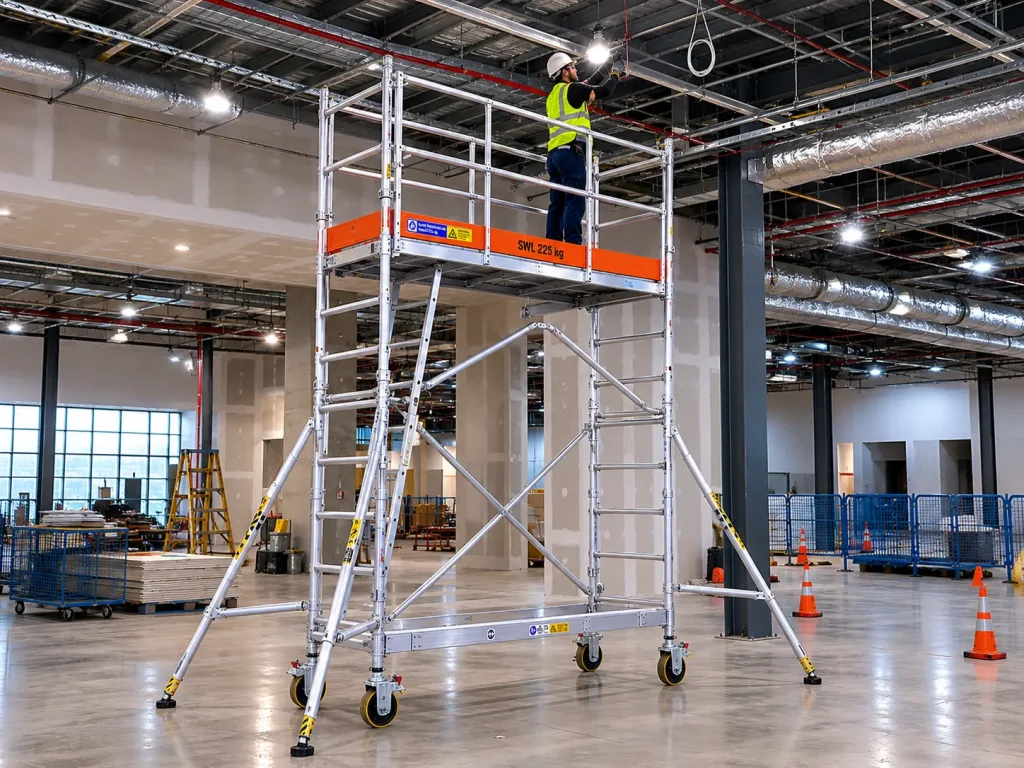 Aluminium mobile scaffold tower inside commercial building with worker on platform during fit-out works.