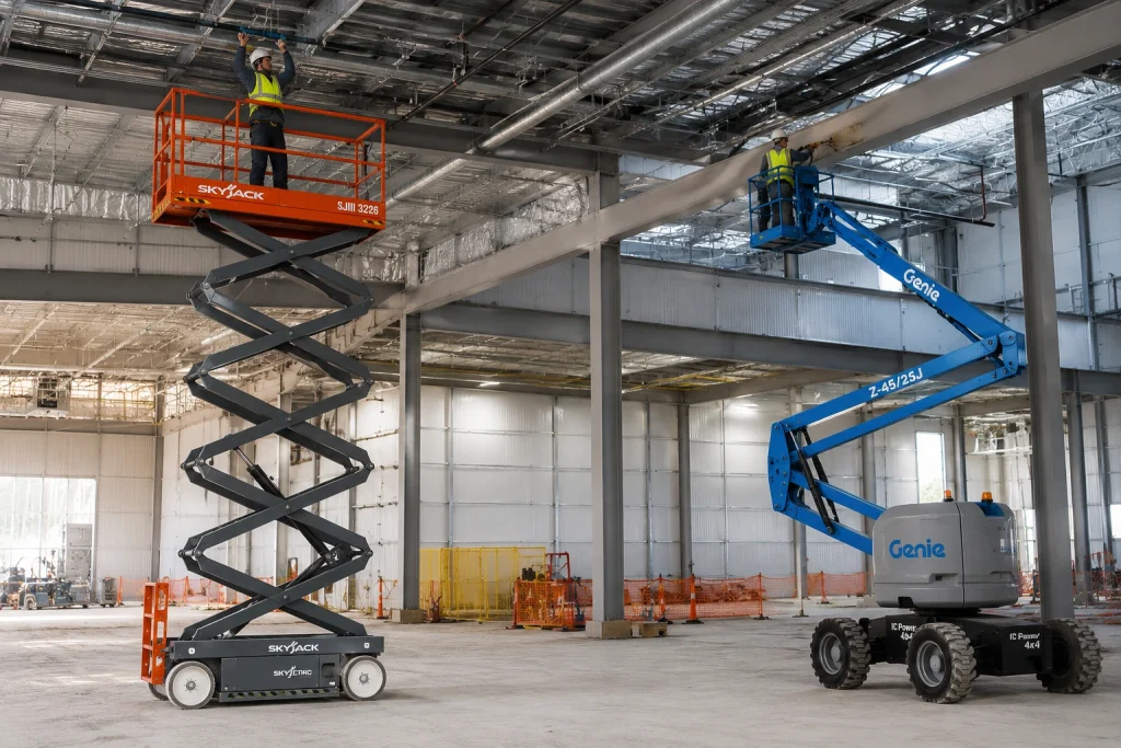 Scissor lift and boom lift operating inside commercial building construction site