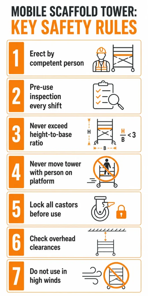 Mobile scaffold tower safety rules infographic for inspection, castors and wind safety