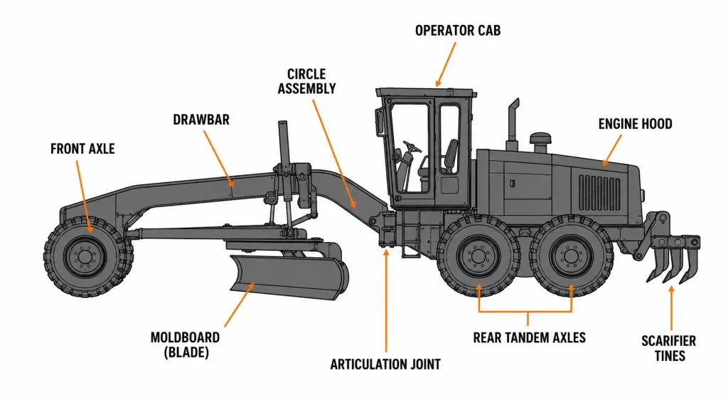 Technical side-view diagram of motor grader with labeled components and engineering-style callout arrows.