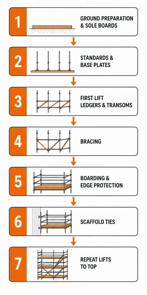Scaffold erection sequence infographic from sole boards to completed scaffold lifts