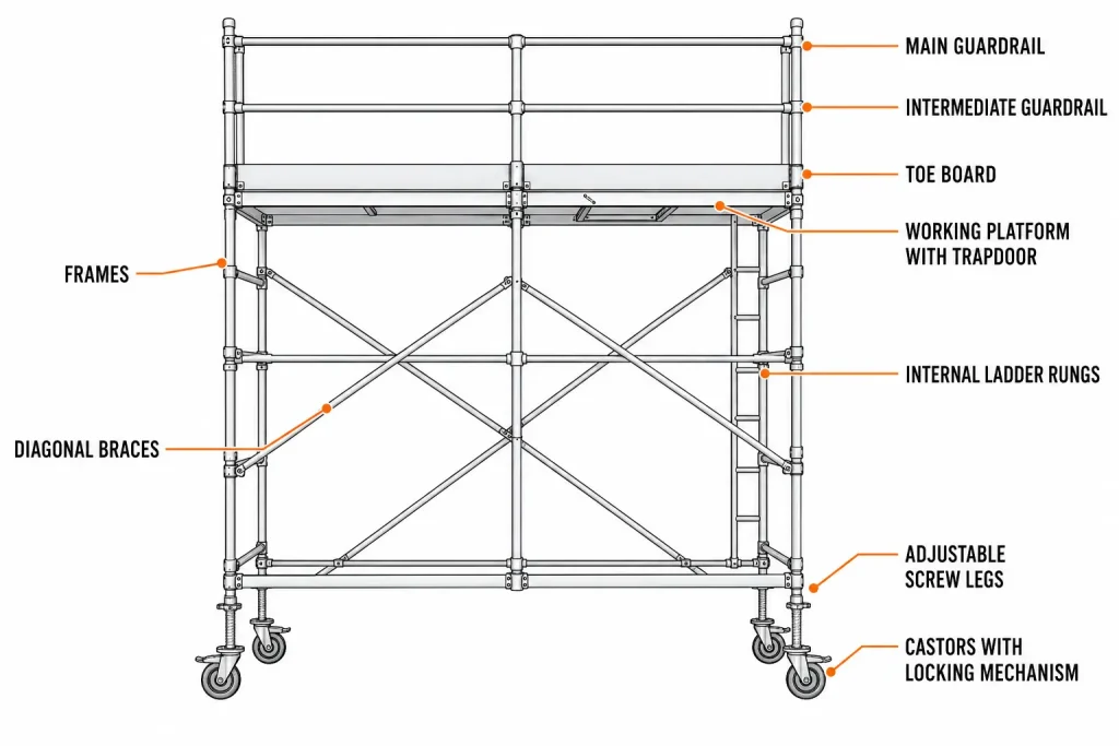 Technical diagram of double-width aluminium scaffold tower with labeled safety and structural components.